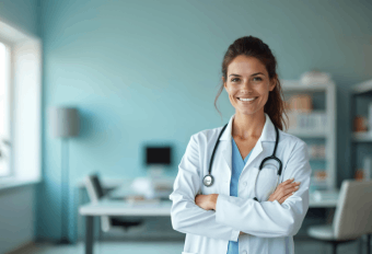 Ärztin im Operationssaal nutzt Alarmmanagement System für Patientensicherheit